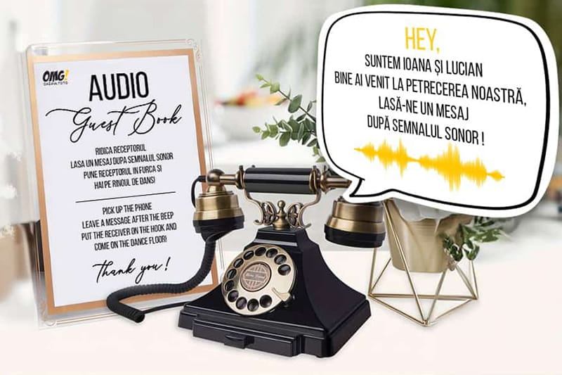 Audio Guestbook pentru nuntă cu telefon retro și mesaj personalizat